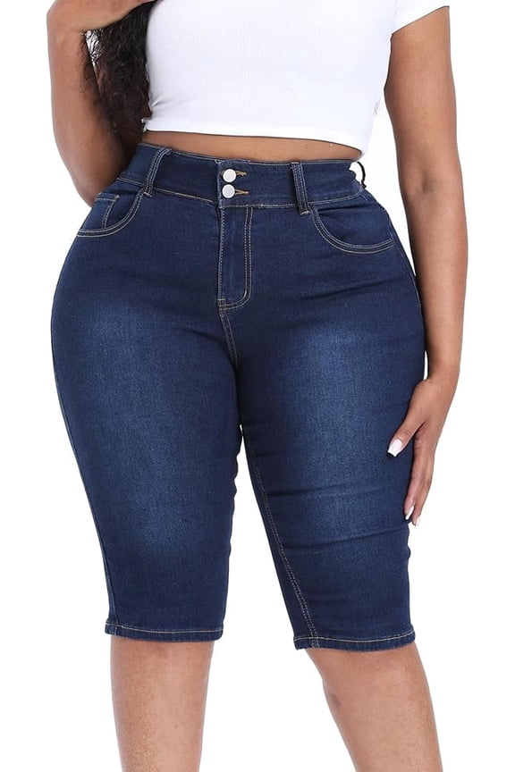 Plus Size Capris for Women 17" Inseam Stretchy Capri Jean Shorts High Waisted Cropped Pants Dark Blue 26W