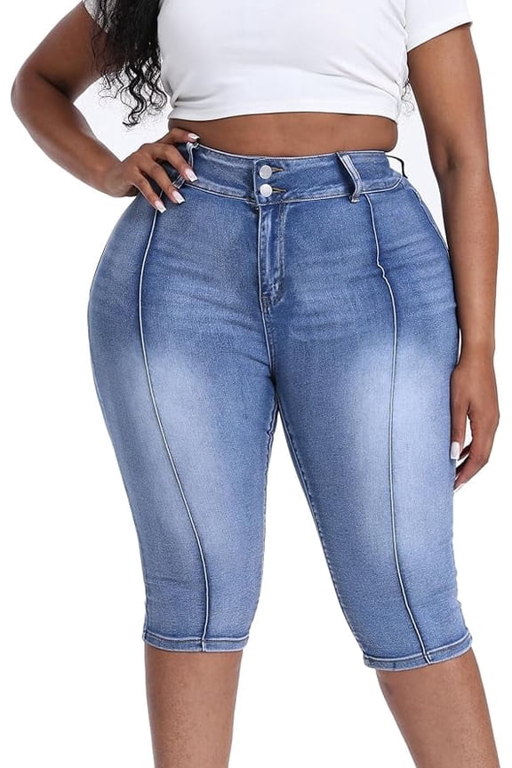 Plus Size Capris for Women 17" Inseam Stretchy Capri Jean Shorts High Waisted Cropped Pants Royal Blue 16W