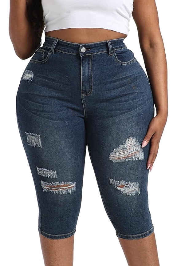 Plus Size Capris for Women 17" Inseam Stretchy Capri Jean Shorts High Waisted Cropped Pants Royal Blue 22W