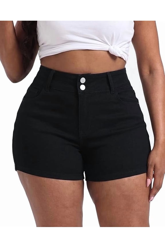 Plus Size Jean Shorts for Curvy Women Stretchy 3.5" Inseam Comfort High Waisted Denim Shorts Black 14W