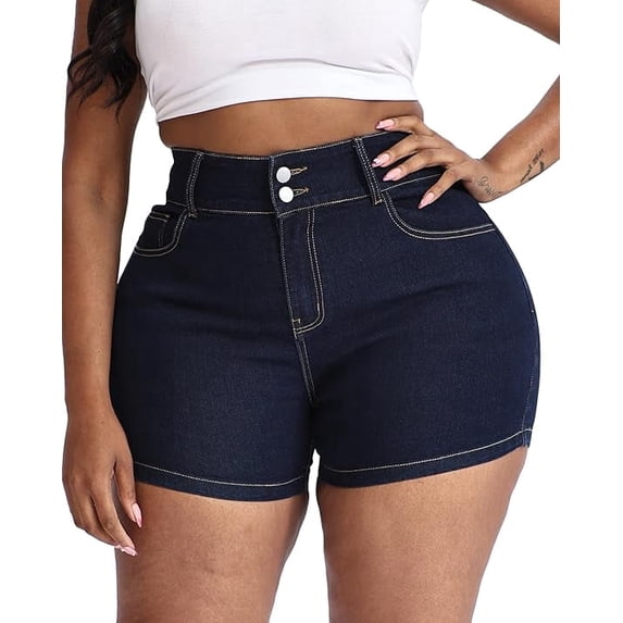 Gocolloa Plus Size Jean Shorts for Curvy Women Stretchy 3.5" Inseam Comfort High Waisted Denim Shorts Primary Blue 18W