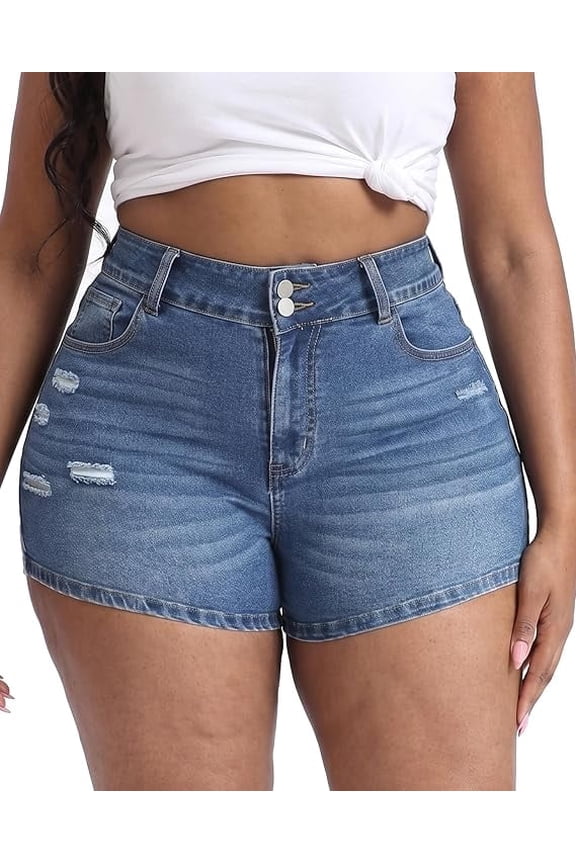 Plus Size Jean Shorts for Curvy Women Stretchy 3.5" Inseam Comfort High Waisted Denim Shorts Royal Blue 22W