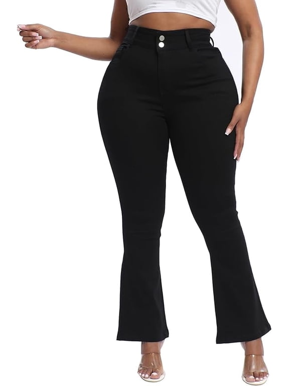 Plus Size Jeans Bootcut Stretchy for Women High Waisted Modern Curvy Flare Trouser Jean Black 22W