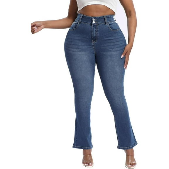 Gocolloa Plus Size Jeans Bootcut Stretchy for Women High Waisted Modern Curvy Flare Trouser Jean Dark Blue 18W