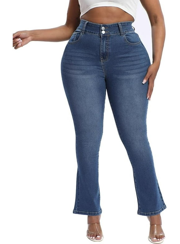 Plus Size Jeans Bootcut Stretchy for Women High Waisted Modern Curvy Flare Trouser Jean Dark Blue 18W