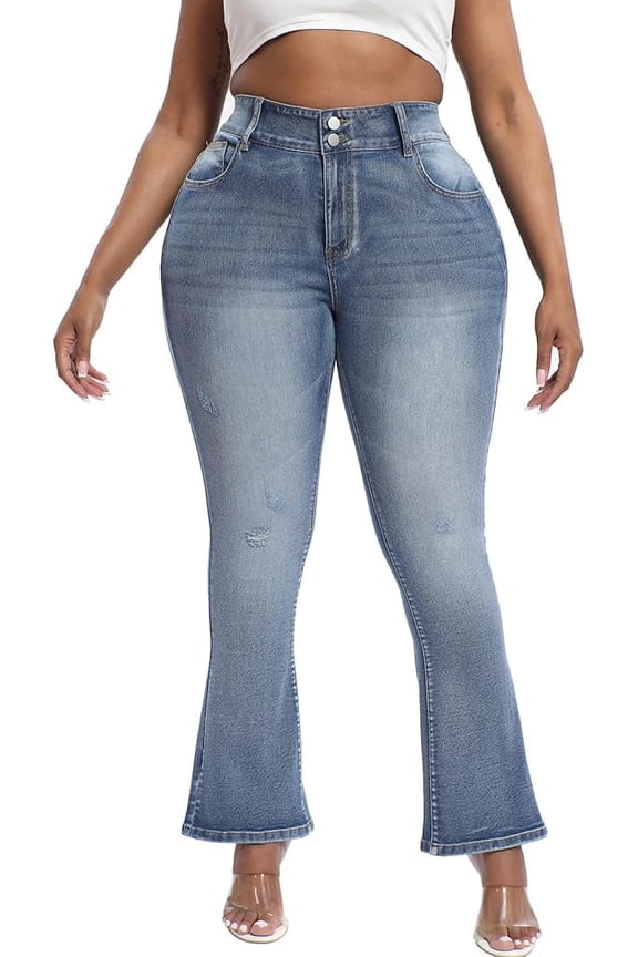 Plus Size Jeans Bootcut Stretchy for Women High Waisted Modern Curvy Flare Trouser Jean Pale Blue 18W