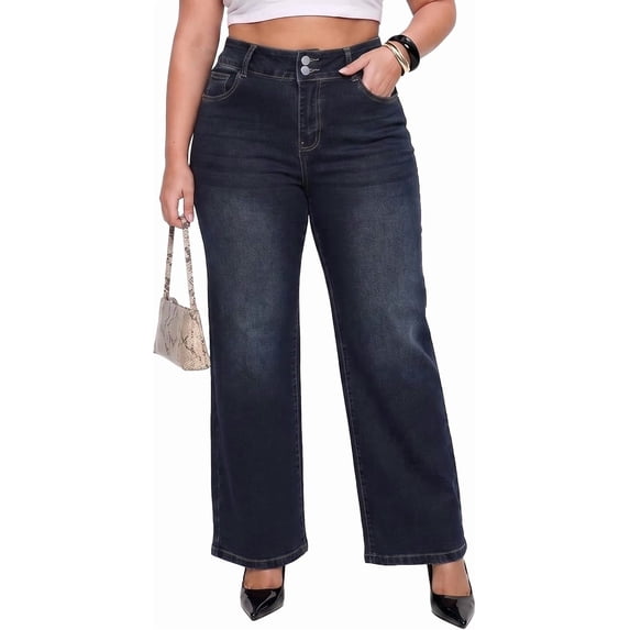 Gocolloa Plus Size Jeans for Curvy Women Straight Leg Stretchy High Waisted Casual Loose Denim Pants with Pockets Deep Blue 24W