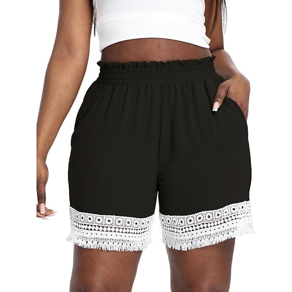 Gocolloa Plus Size Lace Trim Elastic High Waisted Shorts for Women Summer Casual Loose Vacation Beach Lounge Ruffle Shorts Black 1X