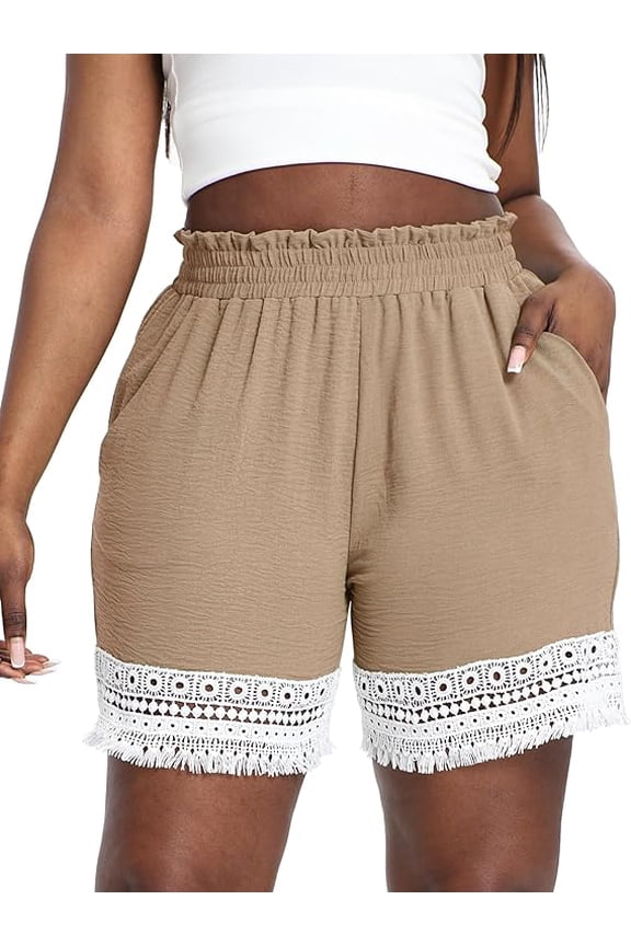 Plus Size Lace Trim Elastic High Waisted Shorts for Women Summer Casual Loose Vacation Beach Lounge Ruffle Shorts Light Khaki 3X