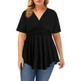 thumbnail image 1 of Gocolloa Plus Size Tops for Women 2025 Summer Short Sleeve V Neck Casual Shirts Dressy Pleated Wrap Tunic Top Blouses Black 2X, 1 of 5
