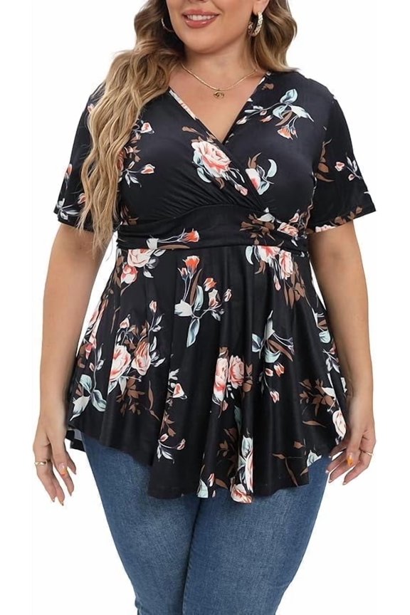 Plus Size Tops for Women 2025 Summer Short Sleeve V Neck Casual Shirts Dressy Pleated Wrap Tunic Top Blouses P168 Floral Print 1X