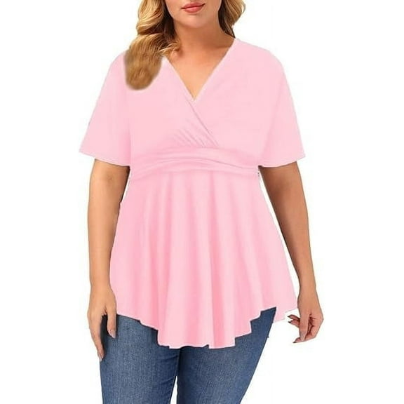 Gocolloa Plus Size Tops for Women 2025 Summer Short Sleeve V Neck Casual Shirts Dressy Pleated Wrap Tunic Top Blouses Pale Pink 4X