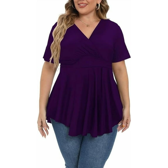 Gocolloa Plus Size Tops for Women 2025 Summer Short Sleeve V Neck Casual Shirts Dressy Pleated Wrap Tunic Top Blouses Purple 2X