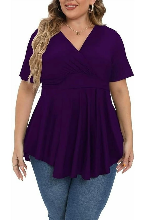 Plus Size Tops for Women 2025 Summer Short Sleeve V Neck Casual Shirts Dressy Pleated Wrap Tunic Top Blouses Purple 2X