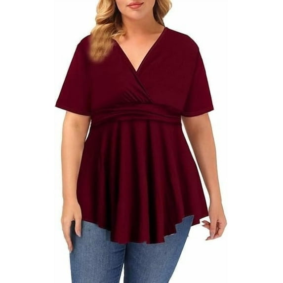 Gocolloa Plus Size Tops for Women 2025 Summer Short Sleeve V Neck Casual Shirts Dressy Pleated Wrap Tunic Top Blouses Wine Red 1X
