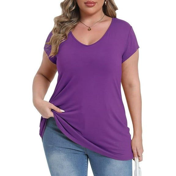 Gocolloa Plus Size Tops for Women Basic Cap Sleeve V Neck T Shirts Summer Casual Loose Dressy Tunic Purple 2X