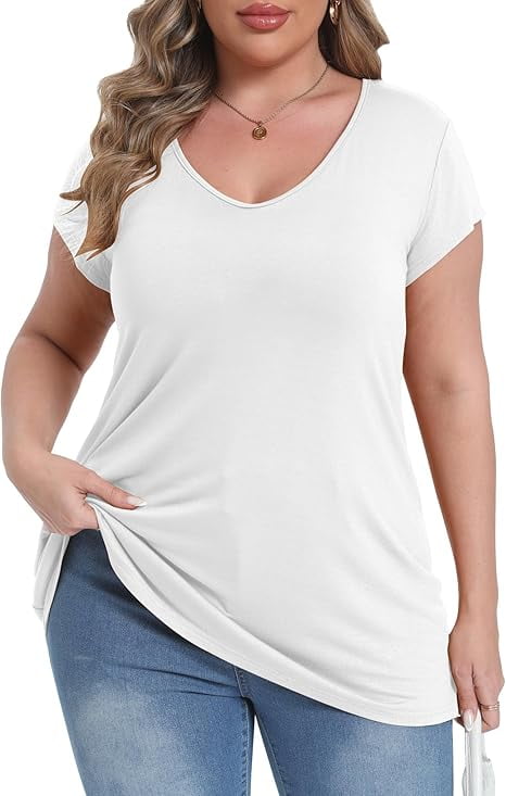 Gocolloa Plus Size Tops for Women Basic Cap Sleeve V Neck T Shirts ...