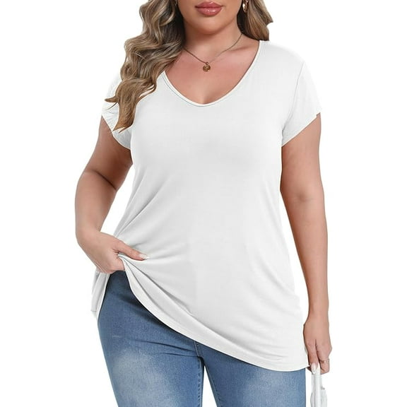 Gocolloa Plus Size Tops for Women Basic Cap Sleeve V Neck T Shirts Summer Casual Loose Dressy Tunic White 2X