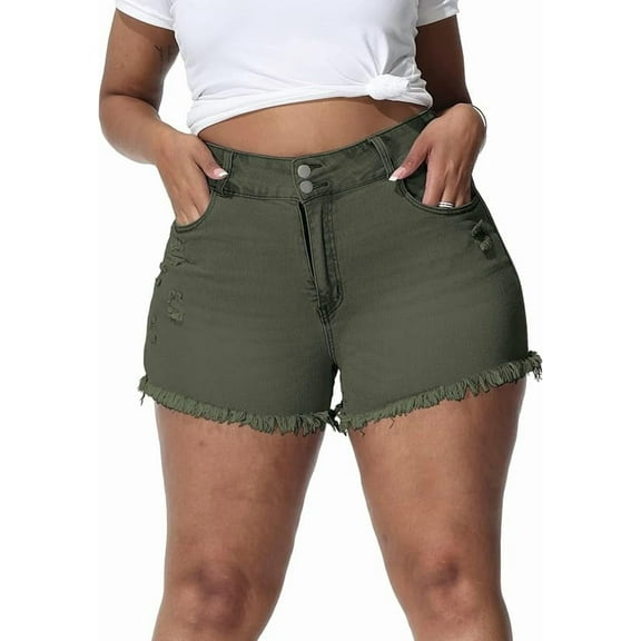 Gocolloa Women Plus Size Jean Shorts Sexy Stretchy High Waisted Frayed Raw Hem Denim Shorts Army Green 20W