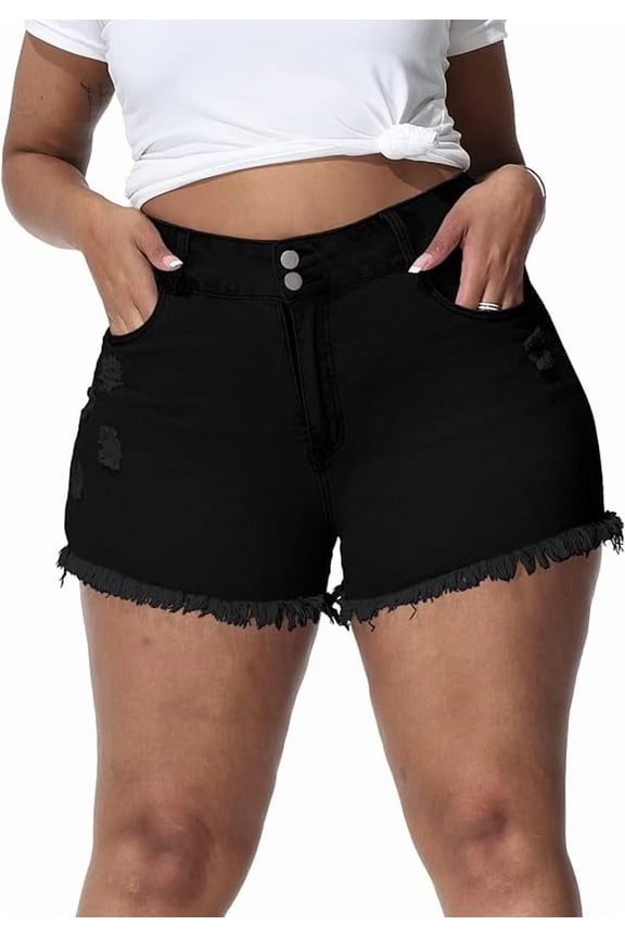 Women Plus Size Jean Shorts Sexy Stretchy High Waisted Frayed Raw Hem Denim Shorts Black 24W
