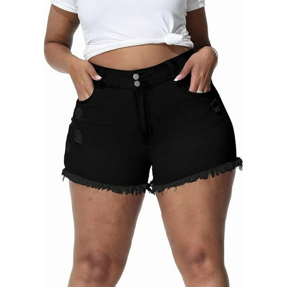 Gocolloa Women Plus Size Jean Shorts Sexy Stretchy High Waisted Frayed Raw Hem Denim Shorts Black 24W