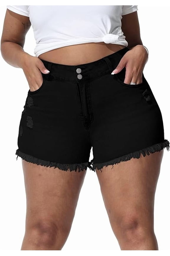 Women Plus Size Jean Shorts Sexy Stretchy High Waisted Frayed Raw Hem Denim Shorts Black 26W