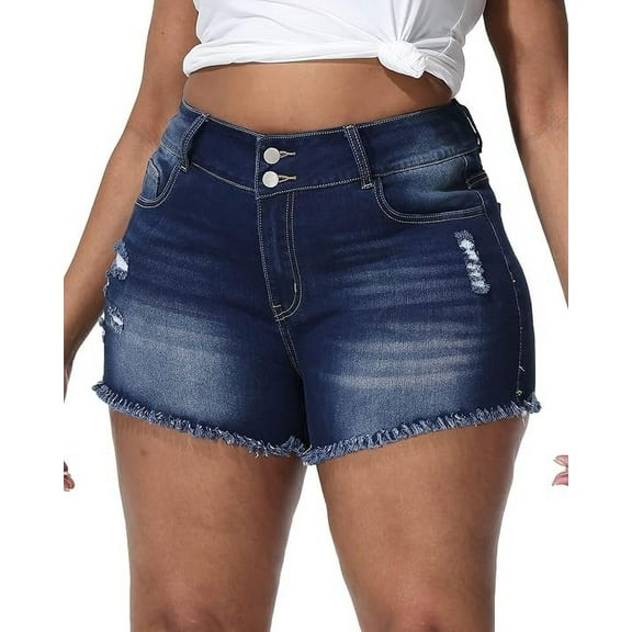 Gocolloa Women Plus Size Jean Shorts Sexy Stretchy High Waisted Frayed Raw Hem Denim Shorts Dark Blue 18W