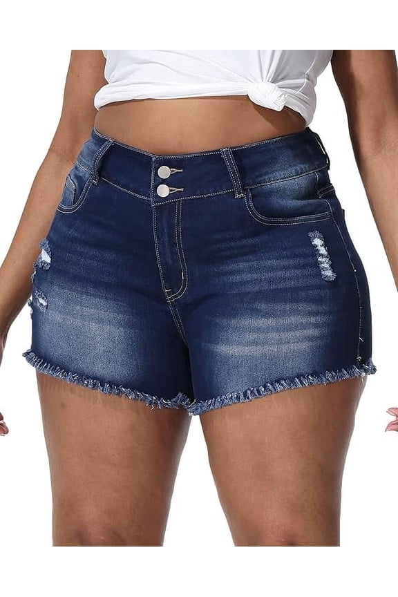 Women Plus Size Jean Shorts Sexy Stretchy High Waisted Frayed Raw Hem Denim Shorts Dark Blue 24W