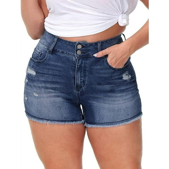 Gocolloa Women Plus Size Jean Shorts Sexy Stretchy High Waisted Frayed Raw Hem Denim Shorts Deep Blue 16W