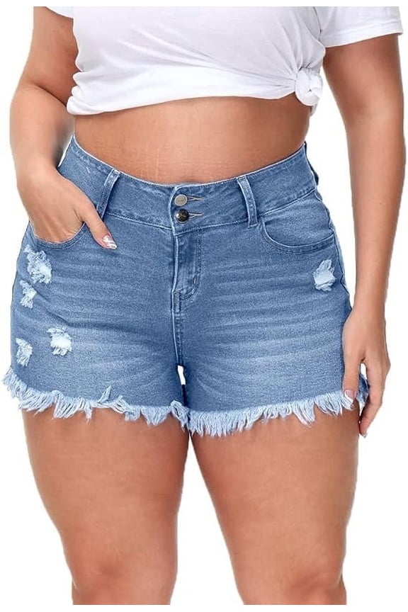 Women Plus Size Jean Shorts Sexy Stretchy High Waisted Frayed Raw Hem Denim Shorts Light Blue 22W