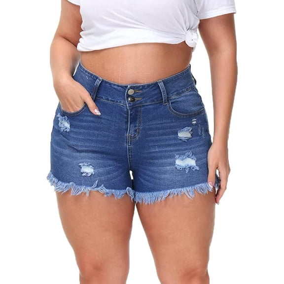 Gocolloa Women Plus Size Jean Shorts Sexy Stretchy High Waisted Frayed Raw Hem Denim Shorts Royal Blue 18W