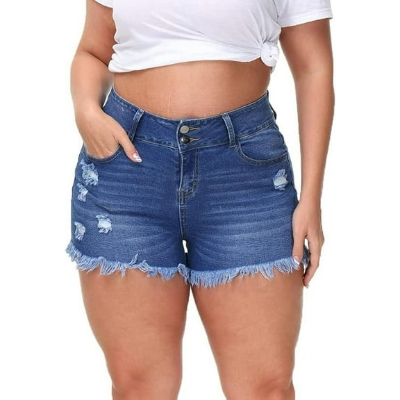 Gocolloa Women Plus Size Jean Shorts Sexy Stretchy High Waisted Frayed Raw Hem Denim Shorts Royal Blue 18W