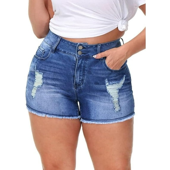 Gocolloa Women Plus Size Jean Shorts Sexy Stretchy High Waisted Frayed Raw Hem Denim Shorts Royal Blue 26W