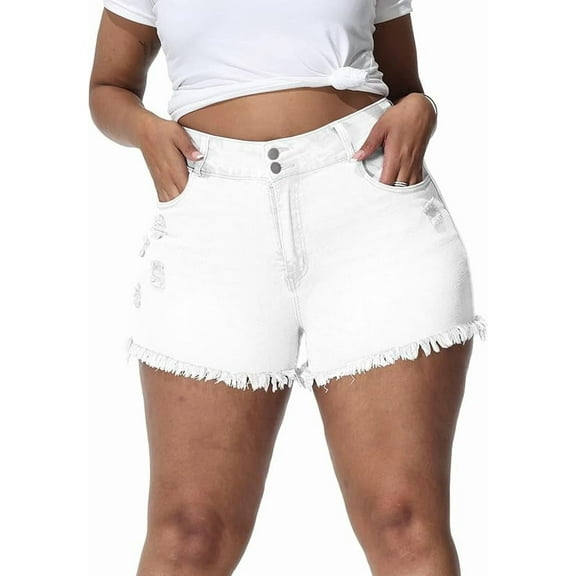 Gocolloa Women Plus Size Jean Shorts Sexy Stretchy High Waisted Frayed Raw Hem Denim Shorts White 16W