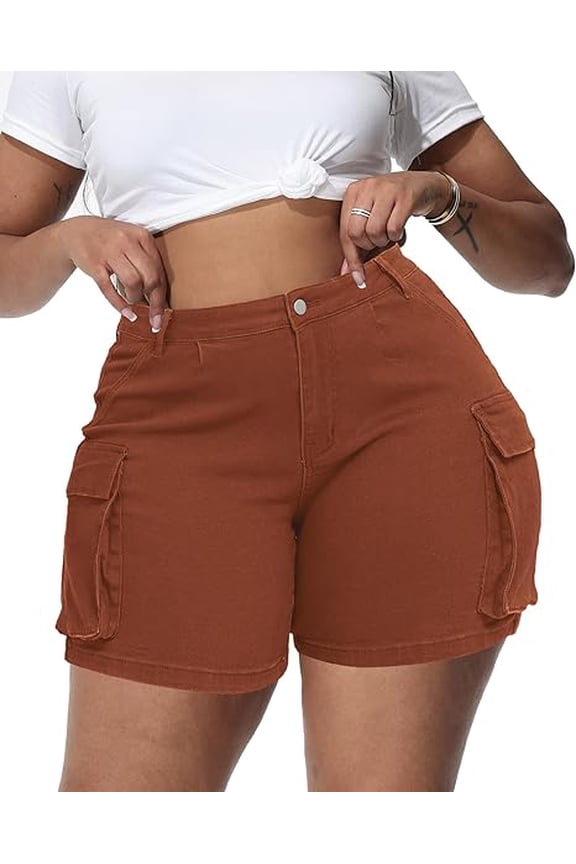 Women Plus Size Jean Shorts Stretchy Curvy Cargo Shorts High Waisted Streetwear Denim Shorts with Pockets Brown 14W