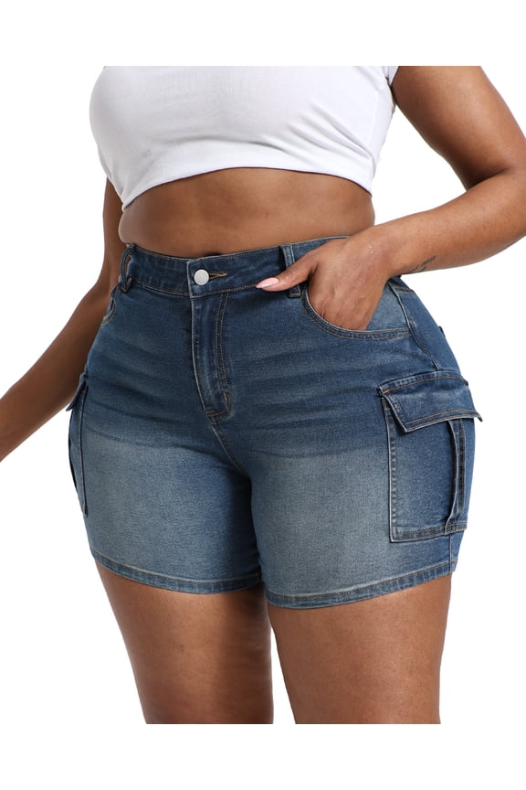 Women Plus Size Jean Shorts Stretchy Curvy Cargo Shorts High Waisted Streetwear Denim Shorts with Pockets Grayish Blue 18W