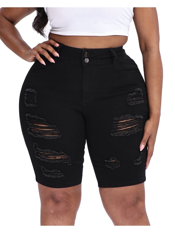 Women Plus Size Jean Shorts Stretchy High Waisted 10" Inseam Knee Length Denim Bermuda Shorts Black 18W