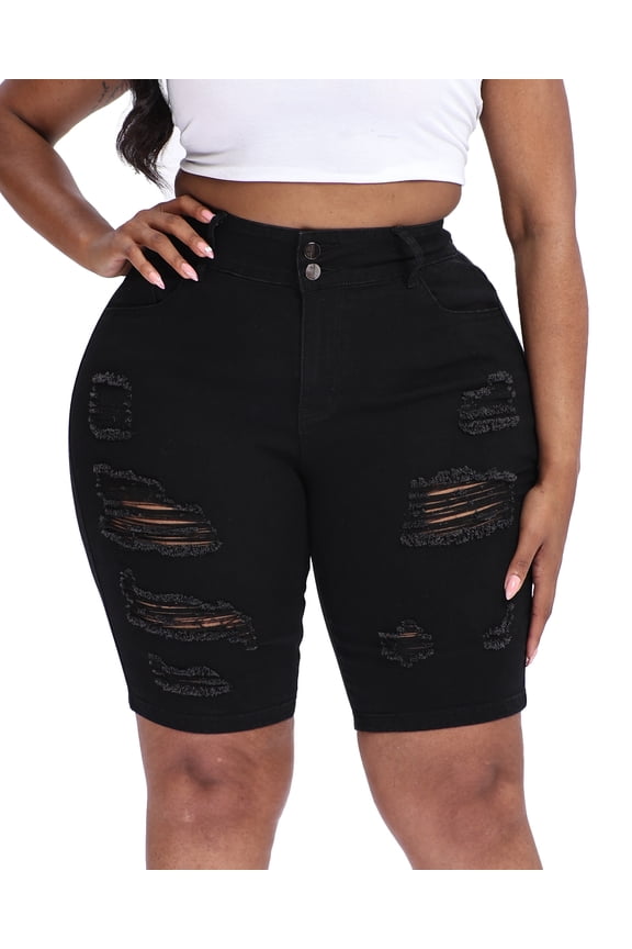 Women Plus Size Jean Shorts Stretchy High Waisted 10" Inseam Knee Length Denim Bermuda Shorts Black 18W