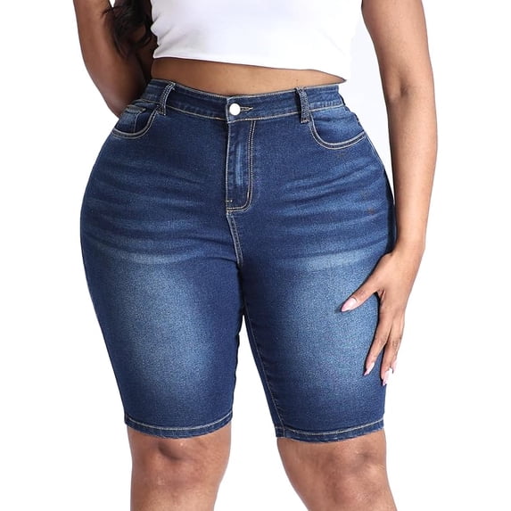 Gocolloa Women Plus Size Jean Shorts Stretchy High Waisted 10" Inseam Knee Length Denim Bermuda Shorts Dark Blue 14W