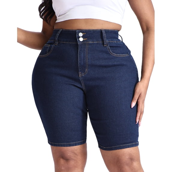 Gocolloa Women Plus Size Jean Shorts Stretchy High Waisted 10" Inseam Knee Length Denim Bermuda Shorts Primary Blue 16W