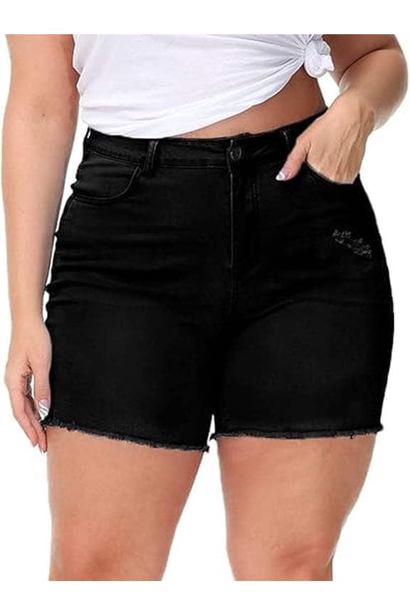 Women Plus Size Jean Shorts Stretchy High Waisted Frayed Raw Hem Denim Shorts Black 26W