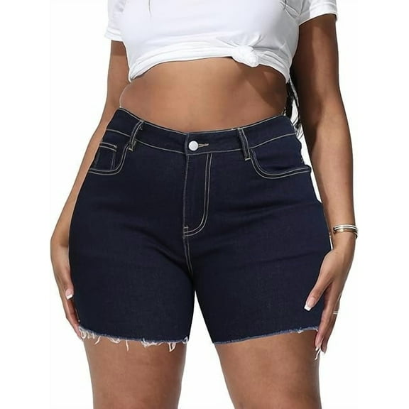 Gocolloa Women Plus Size Jean Shorts Stretchy High Waisted Frayed Raw Hem Denim Shorts Dark Blue 22W