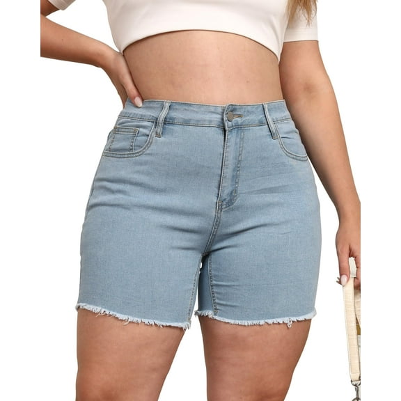 Gocolloa Women Plus Size Jean Shorts Stretchy High Waisted Frayed Raw Hem Denim Shorts Light Blue 16W