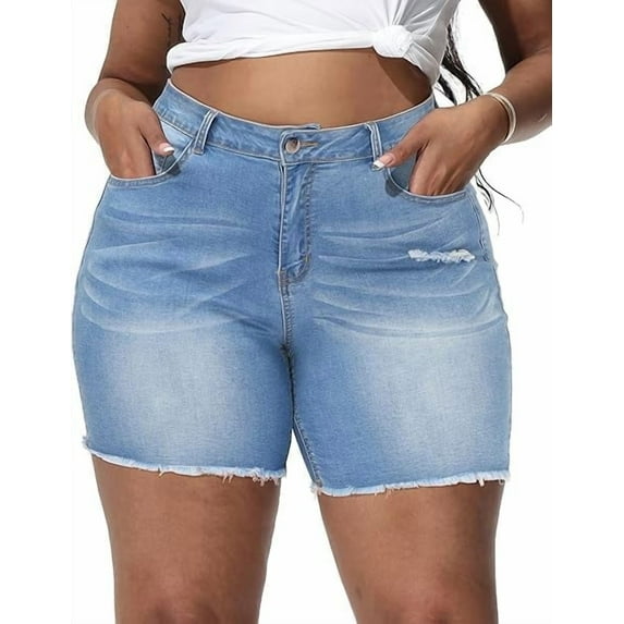 Gocolloa Women Plus Size Jean Shorts Stretchy High Waisted Frayed Raw Hem Denim Shorts Royal Blue 18W