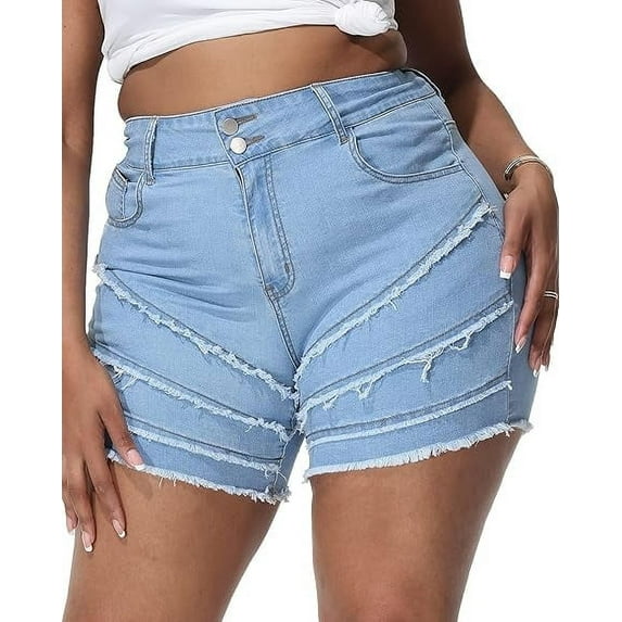 Gocolloa Women Plus Size Jean Shorts Stretchy High Waisted Frayed Raw Hem Denim Shorts White Blue 20W
