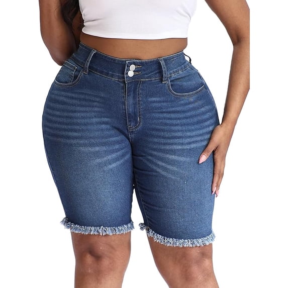 Gocolloa Women's Plus Size High Waisted Stretchy Jean Shorts 10" Inseam Raw Hem Denim Bermuda Shorts Royal Blue 16W