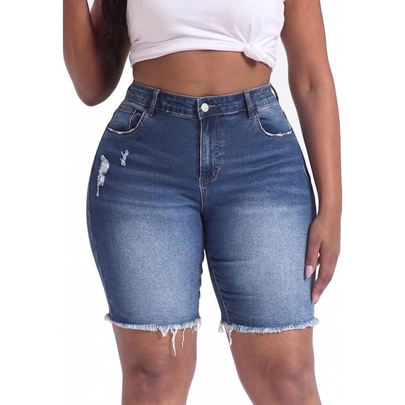 Gocolloa Women's Plus Size High Waisted Stretchy Jean Shorts 10" Inseam Raw Hem Denim Bermuda Shorts Royal Blue 20W
