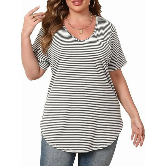 Gocolloa Womens Casual Scoop Collar Plus Size T Shirts Short Sleeve Loose Summer Tops Tee Green White Stripe 3X