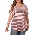 thumbnail image 1 of Gocolloa Womens Casual Scoop Collar Plus Size T Shirts Short Sleeve Loose Summer Tops Tee Wine Beige Stripe 1X, 1 of 5
