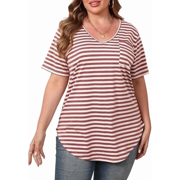 Gocolloa Womens Casual Scoop Collar Plus Size T Shirts Short Sleeve Loose Summer Tops Tee Wine Beige Stripe 3X